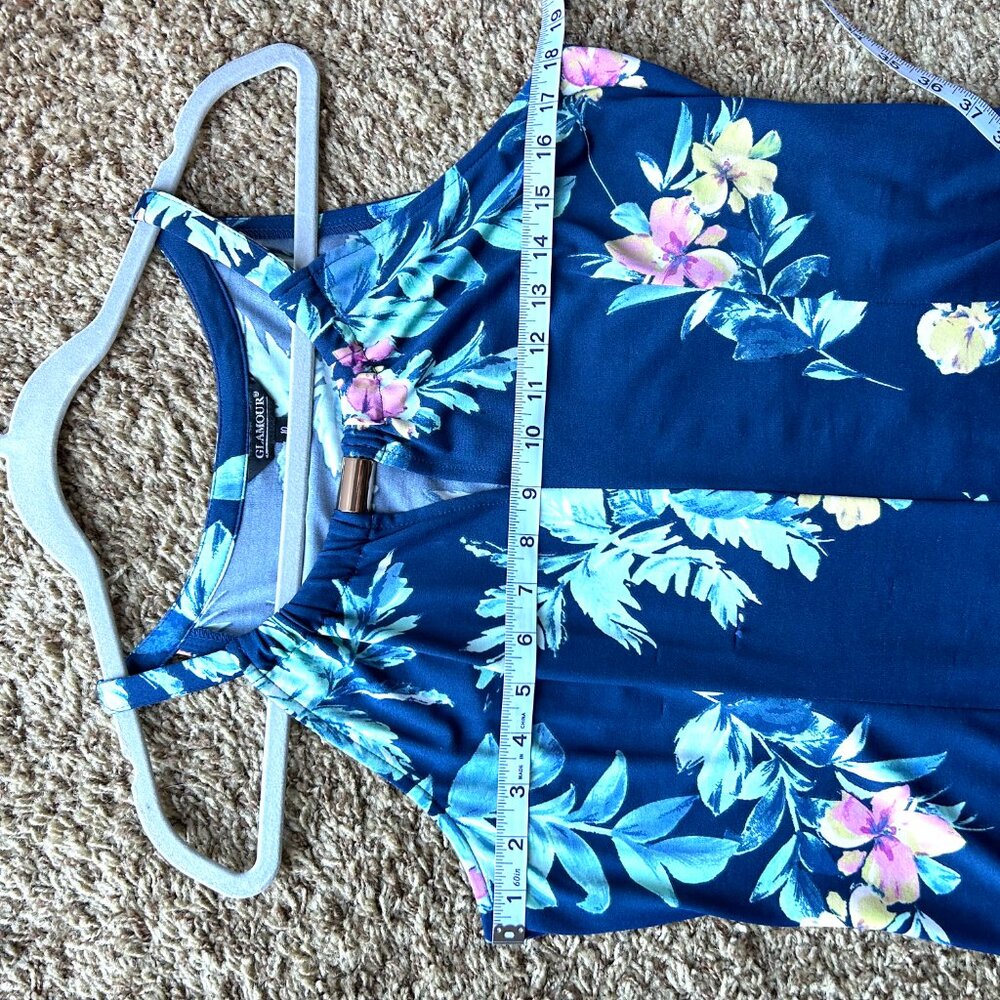 Glamour women maxi dress size 10 blue floral round neck sleeveless cutout gold - Picture 9 of 15